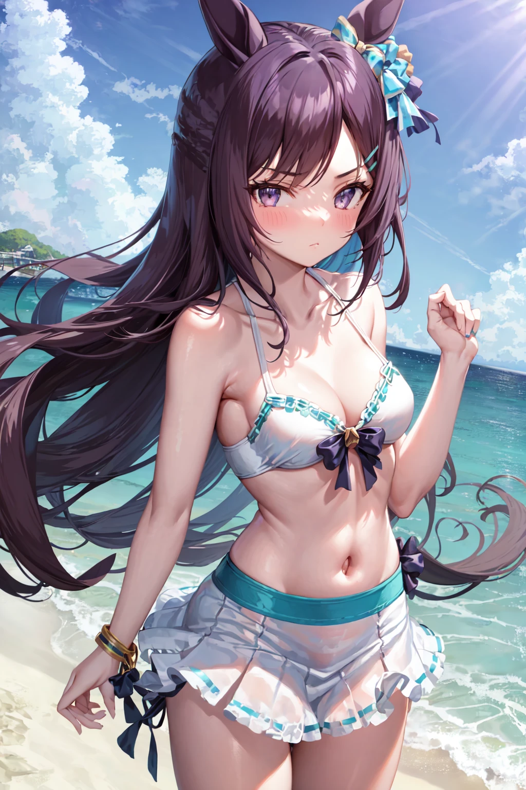 masterpiece, best quality,
mejiro dober \(umamusume\),
beach, blue sky, sunlight, 
blush,
white bikini, white swimsuit, collarbone, bare shoulders, closed mouth, miniskirt, jewelry
<lora:mejiro_dober_lora:0.8>