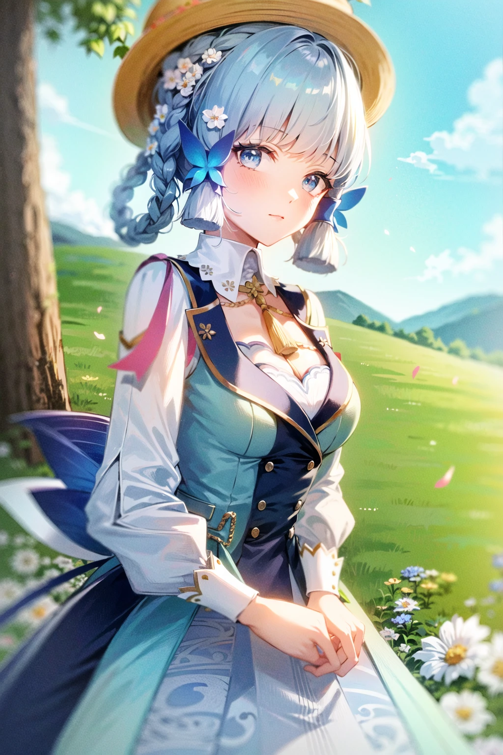masterpiece, best quality, kamisato ayaka (springbloom missive), kamisato ayaka, official alternate hairstyle, official alternate costume, blunt bangs, butterfly hair ornament, hair flower, blue dress, 1girl, butterfly, blue eyes, flower, hair ornament, blue hair, outdoors, solo, hat, sky, blue nails, cloud, bangs, long sleeves, holding, looking at viewer, blue butterfly, blurry, braid, dress, day, blurry foreground, blue sky, breasts, medium breasts, cloudy sky, blush, index finger raised, blue flower, closed mouth