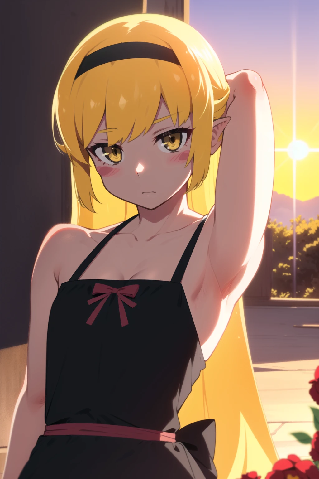 1girl, solo, female, (oshino_shinobu),<lora:loraOshinoShinobu-v1:0.6>, (blonde) (blonde_hair), (yellow_hair), ((long_hair)), ((bangs)), (yellow_eyes), blush, cute, innocent face, pointy_ears, (blush_stickers), flat_chest,
black_dress, bow, bracelet, black_hairband, hairband, bare_shoulders, arm_behind_head
global illumination, hdri, subsurface scattering, masterpiece, 4k, raytrace, beautiful, sharp, smooth skin, bloom, anime
sunset, nature