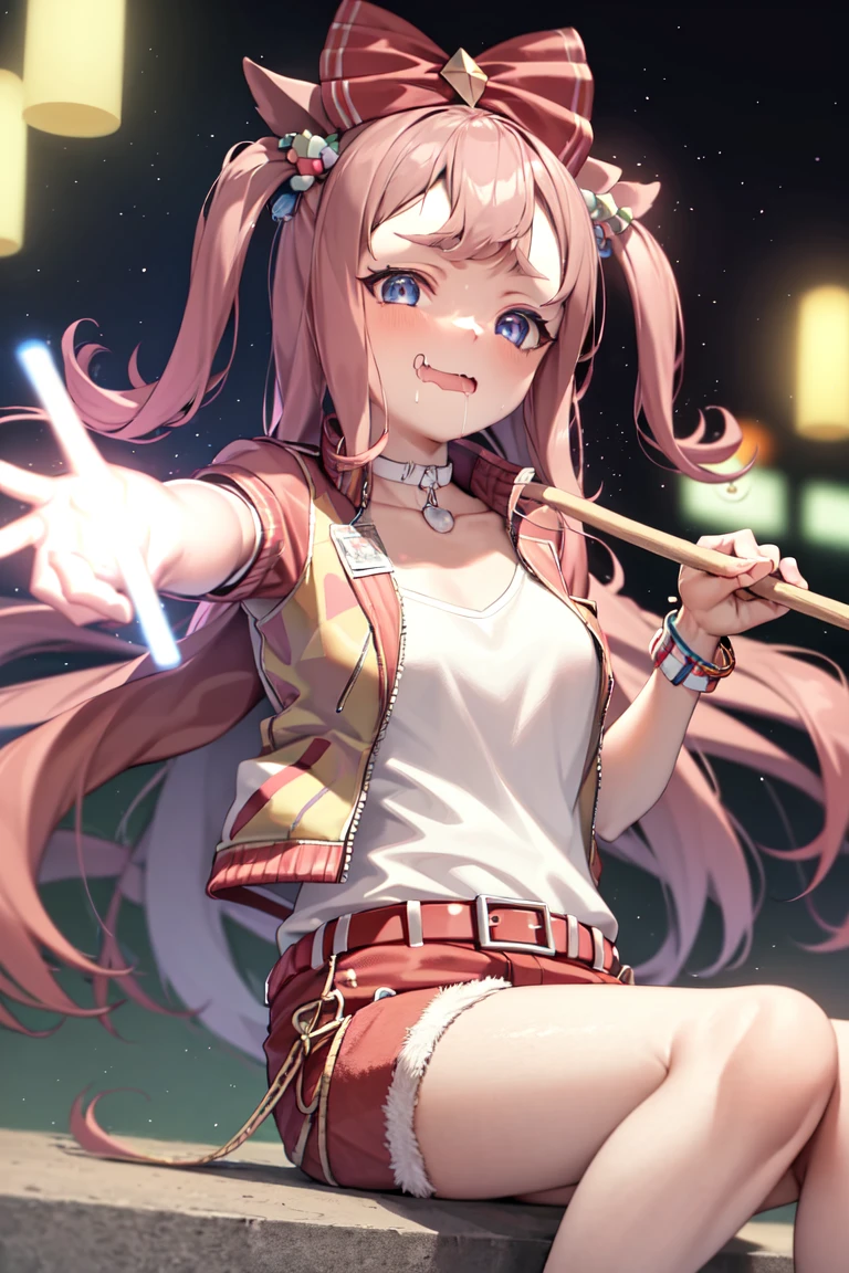 masterpiece, best quality,
agnes digital \(umamusume\),
collarbone, casual, belt, jacket, shorts, holding, glowing sticks, drooling, saliva, concert, sitting, reaching out, id card,
<lora:agnes_digital_r4_lora:1.0>