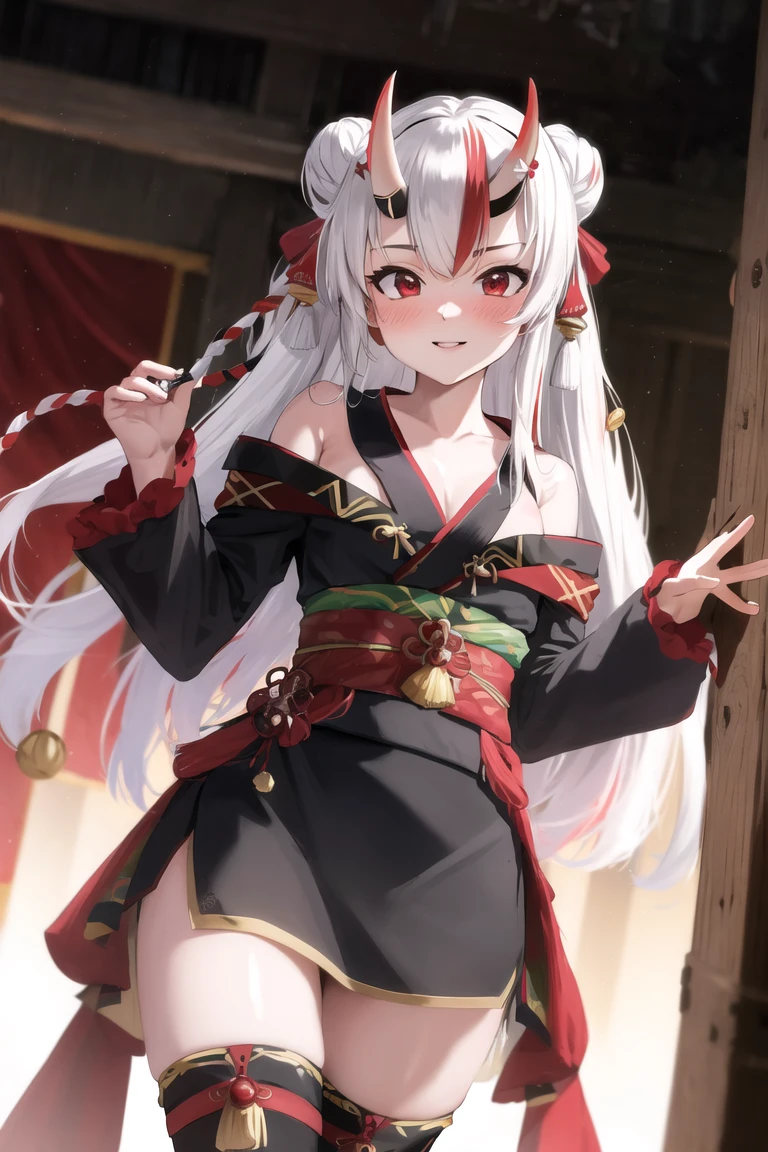 sfw, masterpiece, best quality, absurdres, perfect anatomy, cowboy shot, looking at viewer, 8k, realistic lighting,
Ayame, horns, oni, red eyes, long hair, multicolored hair, white hair, red streaks, two side up, double bun, red rope, smile, blush, breasts,
indoors, black kimono, gold trimmed kimono, bate shoulders, hair ornament, jingle bell, long sleeves, mask on head, thighhighs