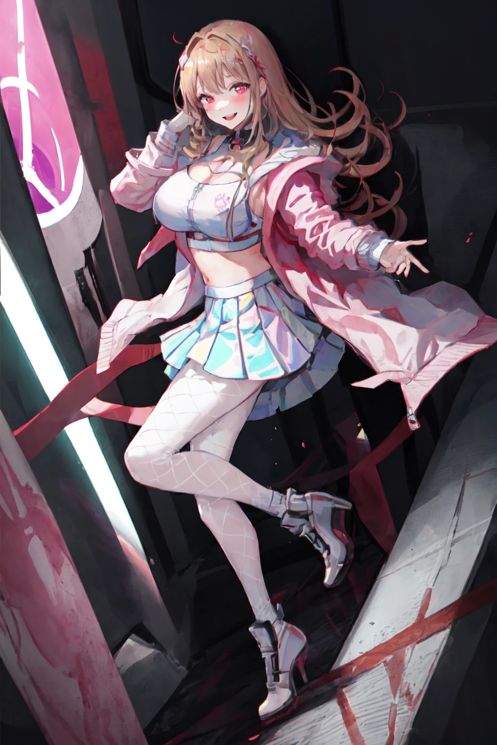 masterpiece, best quality, ultra-detailed, illustration,
1girl, large breasts, long hair, full body, blush, high heels, bangs, jacket, pleated skirt, laser gradient pleated skirt, white pantyhose, white fishnet_legwear, pink jacket, sneakers, red glowing eyes, light blonde hair, Collar,evil smile,shiny hair, shiny skin, shiny eyes,
<lora:Nikke-Viper-v2:0.8>