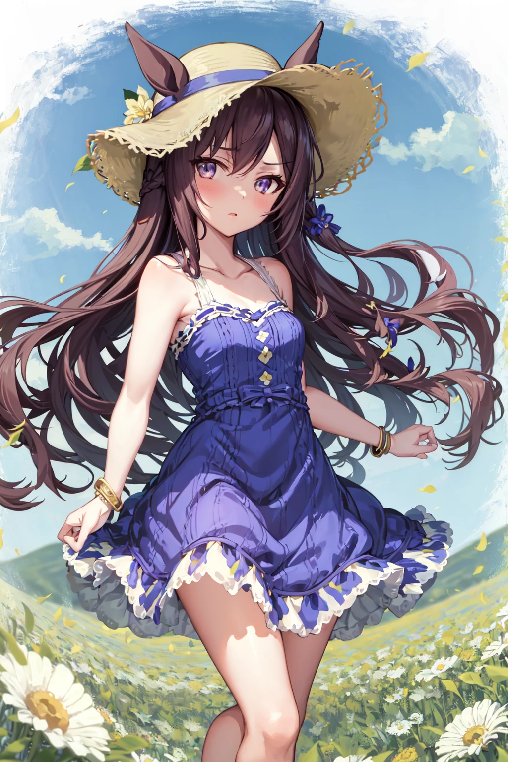 masterpiece, best quality,
mejiro dober \(umamusume\),
standing, crossed legs, flowers, flowers fields, reaching out,
sun hat, straw hat, barefoot, blue dress, sleeveless dress, bracelet , bare shoulders, collarbone, ears through headwear
<lora:mejiro_dober_lora:0.8>