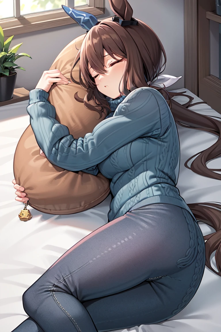 masterpiece, best quality,
admire vega \(umamusume\),
indoor, object hug, pillow, bed sheet, lying, sleeping, on side,
pants, long sleeves, blue sweater, turtleneck sweater, ribbed sweater, jeans, jewelry, casual, necklace, 
<lora:admire_vega_lora:0.8>