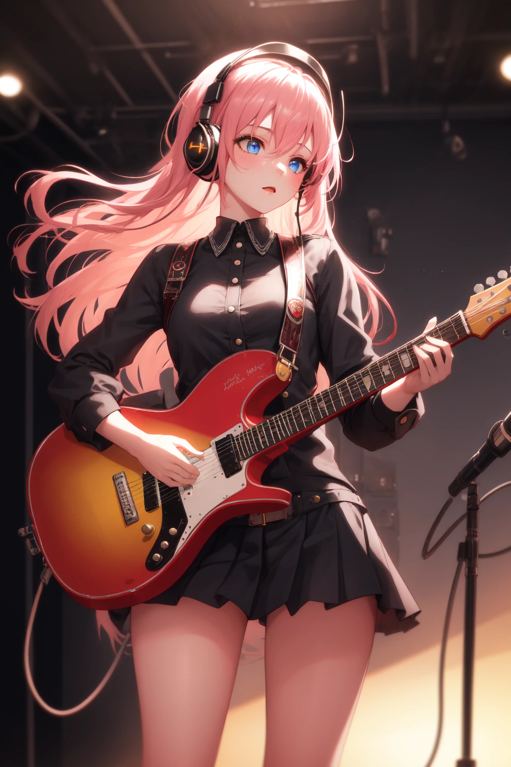 1girl, ((cinematic light)), colorful, hyper detail, dramatic light, intricate details, best quality, (extremely detailed CG unity 8k wallpaper, masterpiece, best quality, ultra-detailed, best shadow), (detailed background:1.4), (beautiful detailed face, beautiful detailed eyes), High contrast, (best illumination, an extremely delicate and beautiful),(girl:1.5), solo, black skirt, blue eyes, electric guitar, guitar, headphones, holding, holding plectrum, instrument, long hair, music, one side up, pink hair, playing guiter, pleated skirt, black shirt, indoors ((caustic)), dynamic angle,beautiful detailed glow,full body, cowboy shot,