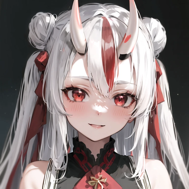 masterpiece, best quality, absurdres, looking at viewer,
Ayame, horns, oni, red eyes, long hair, white hair, red streaks, two side up, double bun, smile, blush,
detailed face, close up, detailed eyes