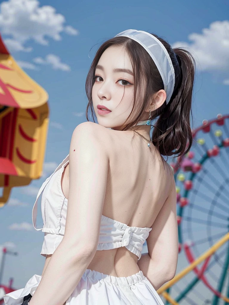 extremely detailed face, perfect lighting, best quality, photorealistic, ultra detailed, masterpiece,outdoor, amusement park, colorful, ponytail, headband, looking back over shoulder, amusement park rides and attractions in background, fullbody, <lora:irene_v4-000018:0.8>,irene1,