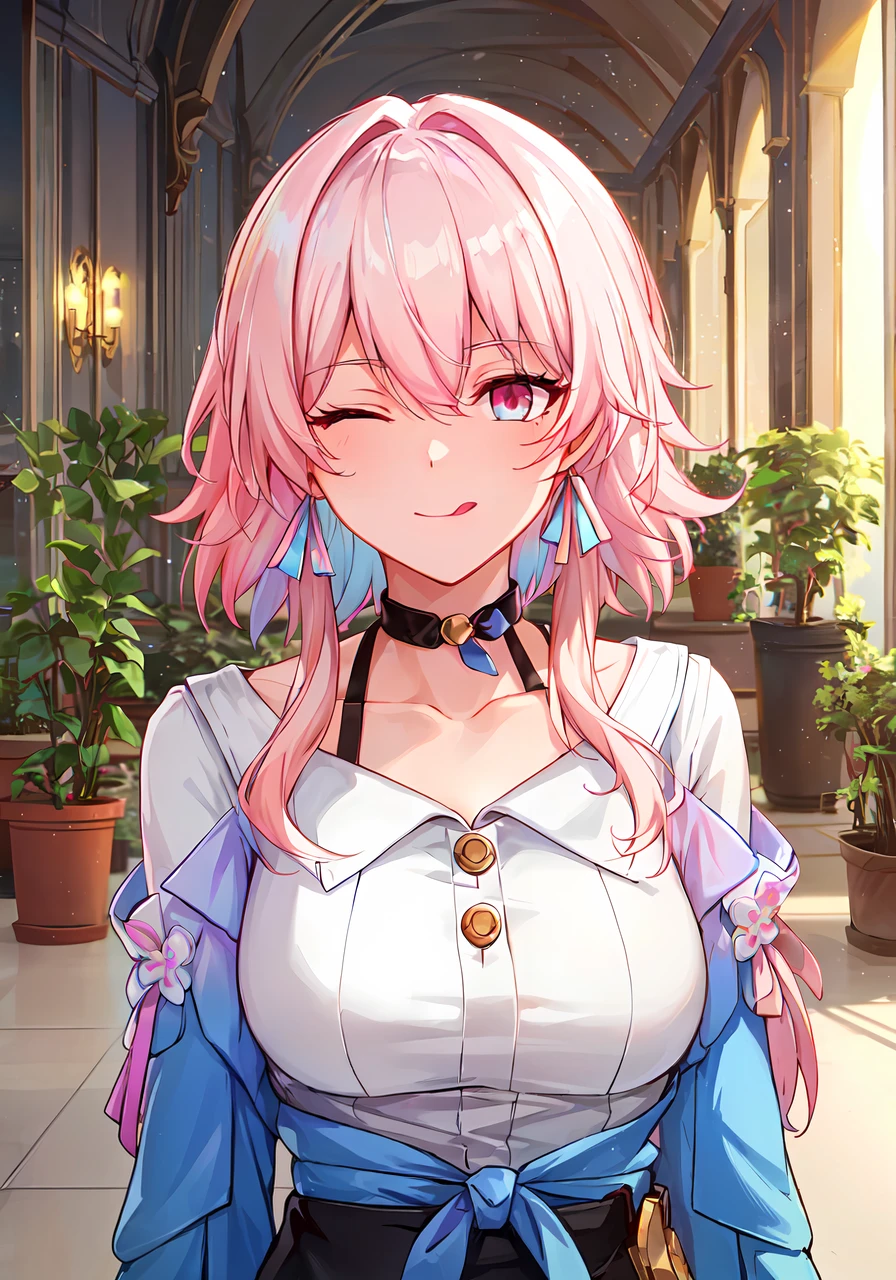 ((masterpiece)), breasts, looking_at_viewer, short hair, (multicolored_eyes:1.5), (pink hair:1.8), bangs, blue_eyes, ((tounge_out, :p, one eye closed)), (long locks:1.4), (ribbon earrings),

masterpiece, best quality, high quality, absurdres, shiny skin, colorful, dynamic pose, stunning art, best quality, hyper detailed, dynamic angle, beatlful detailed, reflective hair, good lighting, ray tracing, depth of field, ultra-detailed, illustration, Amazing, fine detail, extremely detailed, ((ultra-detailed)), (beautiful detailed girl), beautiful detailed glow, intricate detail, highres, an extremely delicate and beautiful, beautiful detailed eyes, realistic, hdr, rounded eyes, detailed facial features,

(illustration), (beautiful detailed eyes), ((very detailed face)), depth_of_field, eyebrows_visible_through_hair, frills, looking_at_viewer, (upper body:1.4),

clothes reflecting light, (light diffraction on skin: 1.35), (glossy skin: 1.55), (Iridescence Effect: 1.55),
 
collarbone, white_shirt, long_sleeves, choker, flower, blue camera, blue_skirt, blue_flower,

(indoor, potted plant:1.5),

critical angle