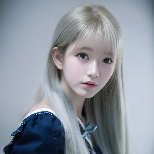 best quality, yurisa,ultra high res, (photorealistic:1.4), 1girl, solo focus, ((blue long dress)), elbow dress, black thighhighs, frills, ribbons, studio background, (platinum blonde hair:1), ((puffy eyes)), looking at viewer, facing front,