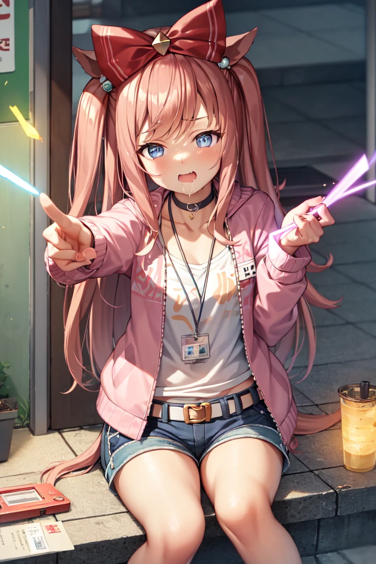 masterpiece, best quality,
agnes digital \(umamusume\),
collarbone, casual, belt, jacket, shorts, holding, glowing sticks, drooling, saliva, concert, sitting, reaching out, id card,
<lora:agnes_digital_lora:0.8>