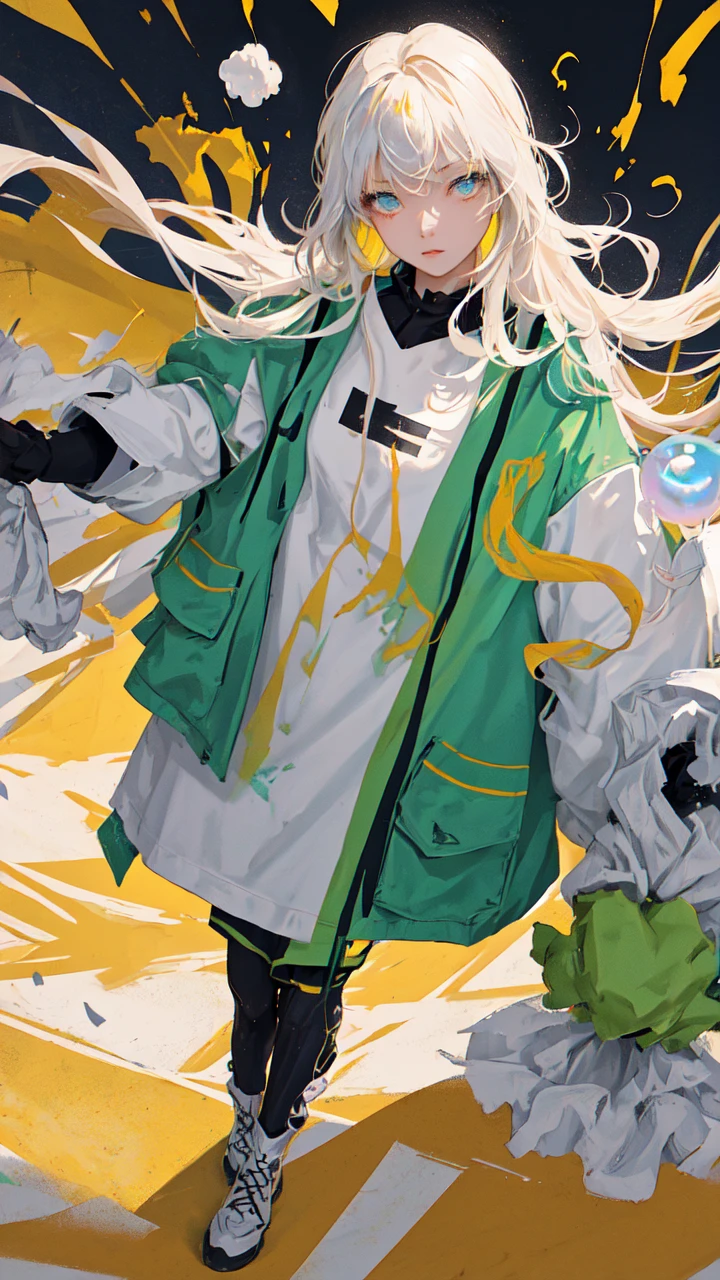 (masterpiece), (best quality), (ultra detailed),(disheveled hair),(illustration),(dynamic angle), (1girl), (Fashionable clothing), standing,Fashion model,looking at viewer, (interview), (simple background),,beautifuldetailedeyes,delicate beautiful face,Floating,(high saturation),(colorful splashes),colorful bubble,(shining),(realistic:1.2)