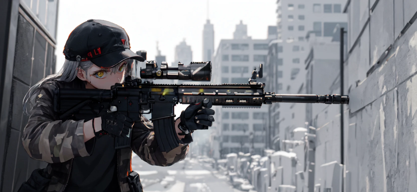 masterpiece,best quality, lens flare, depth of field, (close-up:0.8),
1girl ,standing, holding weapon, holding rifle, aiming at viewer,
gun, h&k hk416, assault rifle, rifle, open fire, firing,
<lora:HK416-000008:0.7>