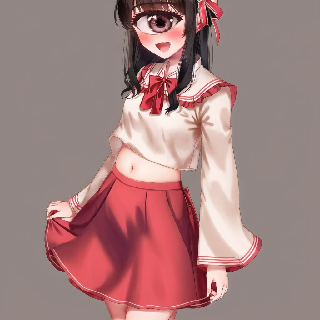 <lora:cyclops_retro_ham_avas_jun_rifl-08-02:1>,
cyclop,
1girl, :d, ascot, bangs, black eyes, black hair, blush, bow, cowboy shot, detached sleeves, eyebrows visible through hair, frills, gohei, hair bow, hair tubes, highres, holding, looking at viewer, midriff, miz \(mizillustration\), navel, open mouth, red bow, red skirt, ribbon-trimmed sleeves, ribbon trim, sidelocks, skirt, skirt set, smile, solo, wide sleeves