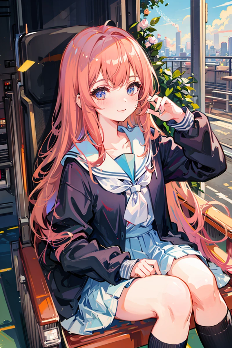 masterpiece,1girl,solo, school uniform, cityscape, sitting, light smile,