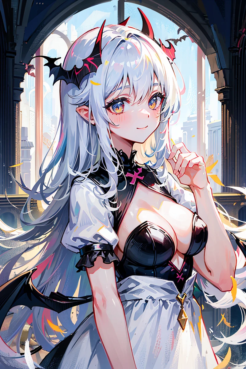 masterpiece,1girl,solo, depth of field, white_hair,,long hair,church,wavy_hair,feather,sunlight,light smile, bottomless, latex,standing,black leotard, bat wings, demon horns, cleavage, upper body,