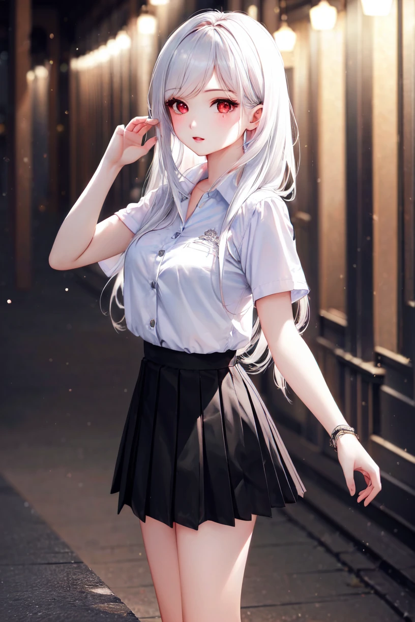 ((Lingerie Model)), zoom, masterpiece, highest quality, High resolution, Elizabeth, One girl, jewelry, Single knee socks, Silver Hair, Hair on one eye, abdomen, Black Skirt, Asymmetrical legwear, ((Pink Shirt)), No sleeve, Black knee socks, belt, Are standing