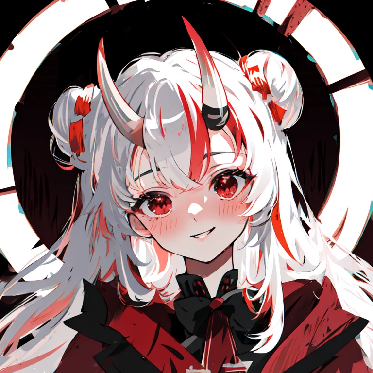 masterpiece, best quality, absurdres, looking at viewer,
Ayame, horns, oni, red eyes, long hair, white hair, red streaks, two side up, double bun, smile, blush,
detailed face, close up, detailed eyes
