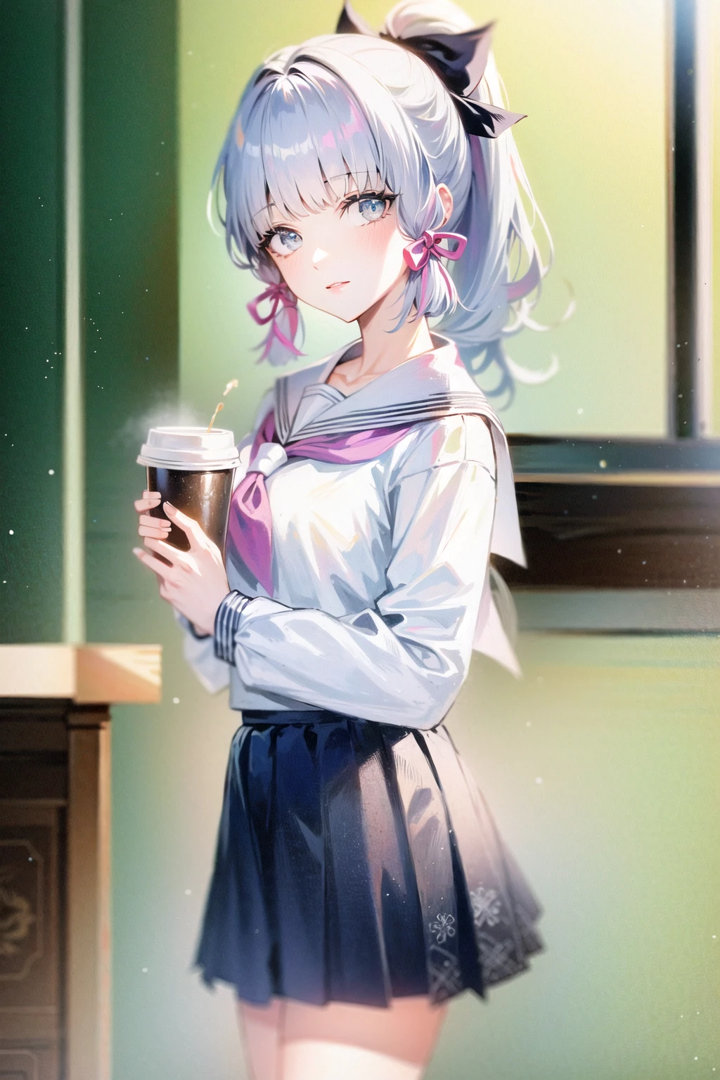 (Realistic painting style:1.0), (faux traditional media:1.0), masterpiece, best quality, soft lighting, absurdres, looking at viewer, solo, ponytail, serafuku, kamisato ayaka (heytea), official alternate costume, kamisato ayaka, blunt bangs, hair bow, hair ribbon, red ribbon, school uniform, sailor shirt, sailor collar, pleated skirt, 1girl, skirt, black bow, cate, coffee, light blue hair. grey eyes, coffee cup
