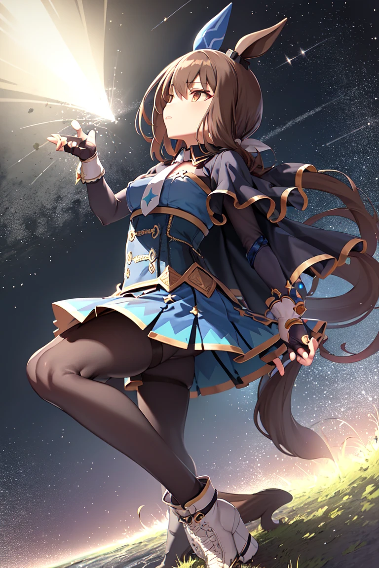 masterpiece, best quality,
admire vega \(umamusume\),
starry sky, night, horizon, standing, looking up,
white necktie, skirt, long sleeves, white footwear, thigh strap, black pantyhose, boots, shirt, puffy sleeves, pleated skirt, buttons, corset, capelet, fingerless gloves, black gloves, mismatched footwear
<lora:admire_vega_lora:0.8>