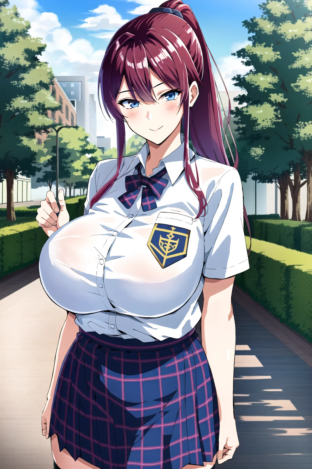 score_9,score_8_up,score_7_up,score_6_up, erotic, NSFW, takeda hiromitsu style,1girl, succubus girl, demon woman, huge breasts, visible areola, underboobs, solo, yellow eyes,long hair, red scarlet hair, ponytail, huge breasts, outdoors, lewd smile, hand on hip, looking at viewer, micro skirt, sidelocks, high ponytail, thighs, sky, tree