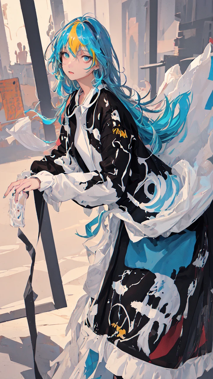 (masterpiece), (best quality), (ultra detailed),(disheveled hair),(illustration),(dynamic angle), (1girl), (Fashionable clothing), standing,Fashion model,looking at viewer, (interview), (simple background),,beautifuldetailedeyes,delicate beautiful face,Floating,(high saturation),(colorful splashes),colorful bubble,(shining),(realistic:1.2)