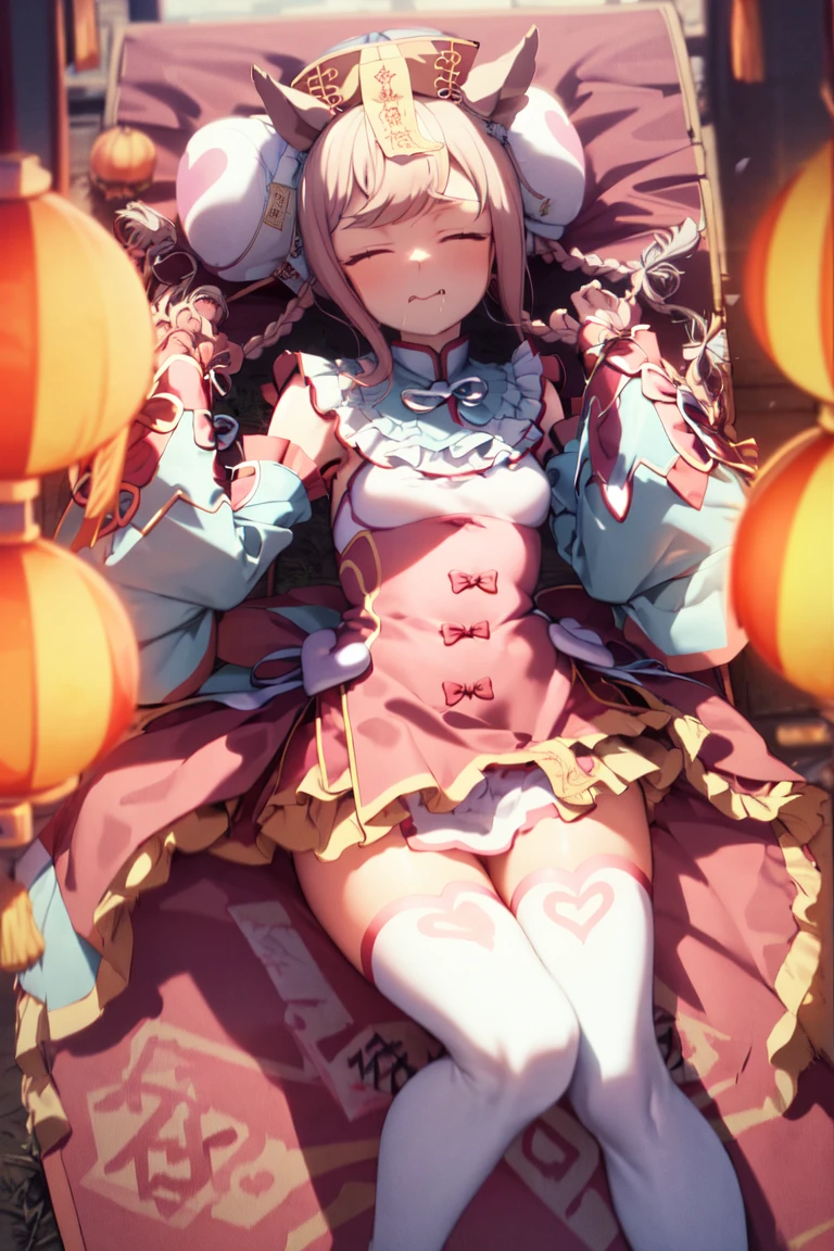 masterpiece, best quality,
agnes digital \(umamusume\),
twin braids, white thighhighs, double sleeves past wrists, hair bun, detached sleeves, official alternate costume, chinese clothes, jiangshi, ofuda, bloomers, hair rings, ghost, hitodama,
lying, sleeping, drooling, saliva, hands on own chest, closed eyes,
<lora:agnes_digital_r4_lora:1.0>