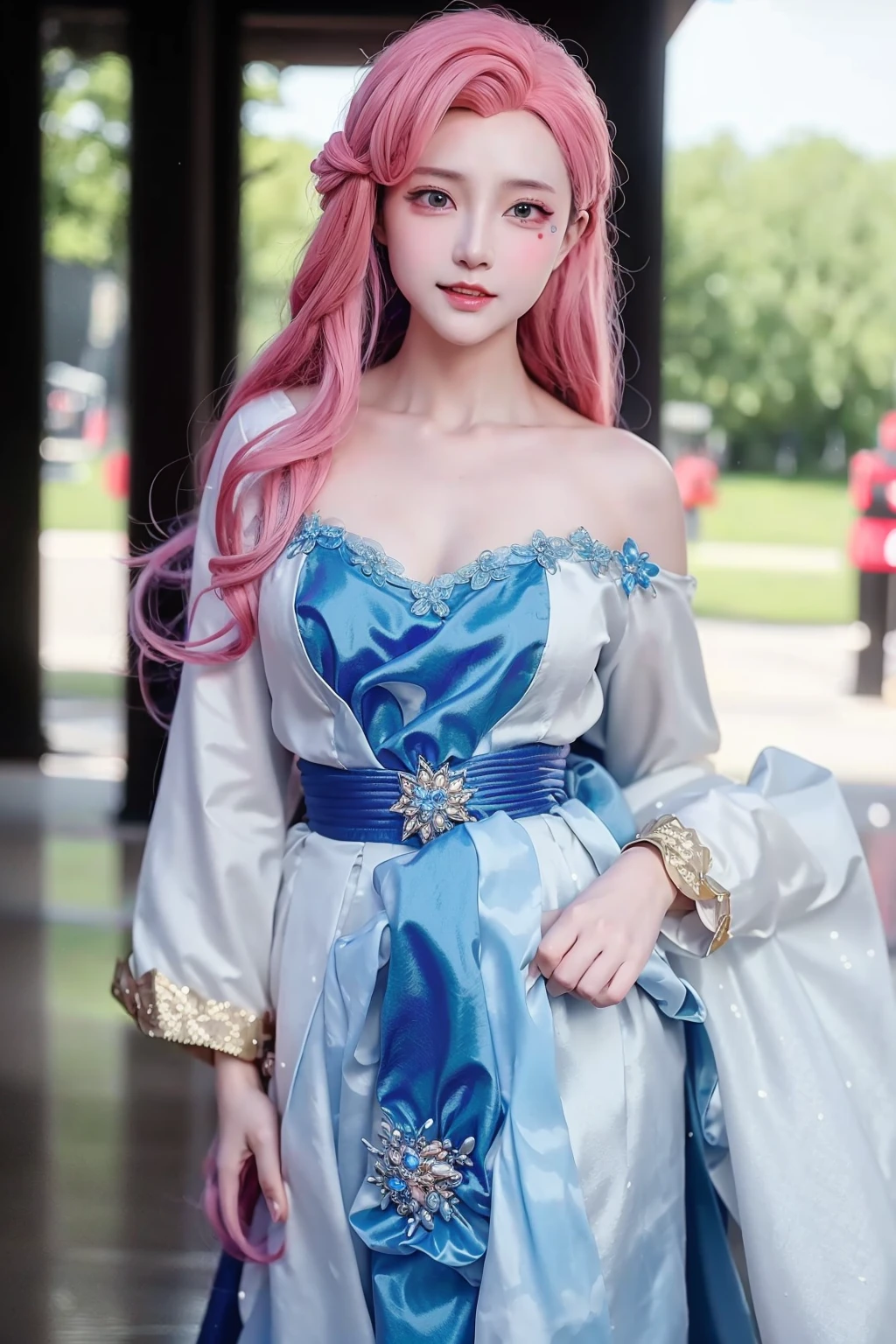 (hanfu),<lora:seraphineee:0.8>,ulzzang-6500-v1.1,(raw photo:1.2),((photorealistic:1.4))best quality ,masterpiece, illustration, an extremely delicate and beautiful, extremely detailed ,CG ,unity ,8k wallpaper, Amazing, finely detail, masterpiece,best quality,official art,extremely detailed CG unity 8k wallpaper,absurdres, incredibly absurdres, huge filesize, ultra-detailed, highres, extremely detailed, extremely detailed eyes and face, beautiful detailed eyes,light on face,cinematic lighting,1girl,full body,full-body shot,see-through,looking at viewer,outdoors,(arms behind back)