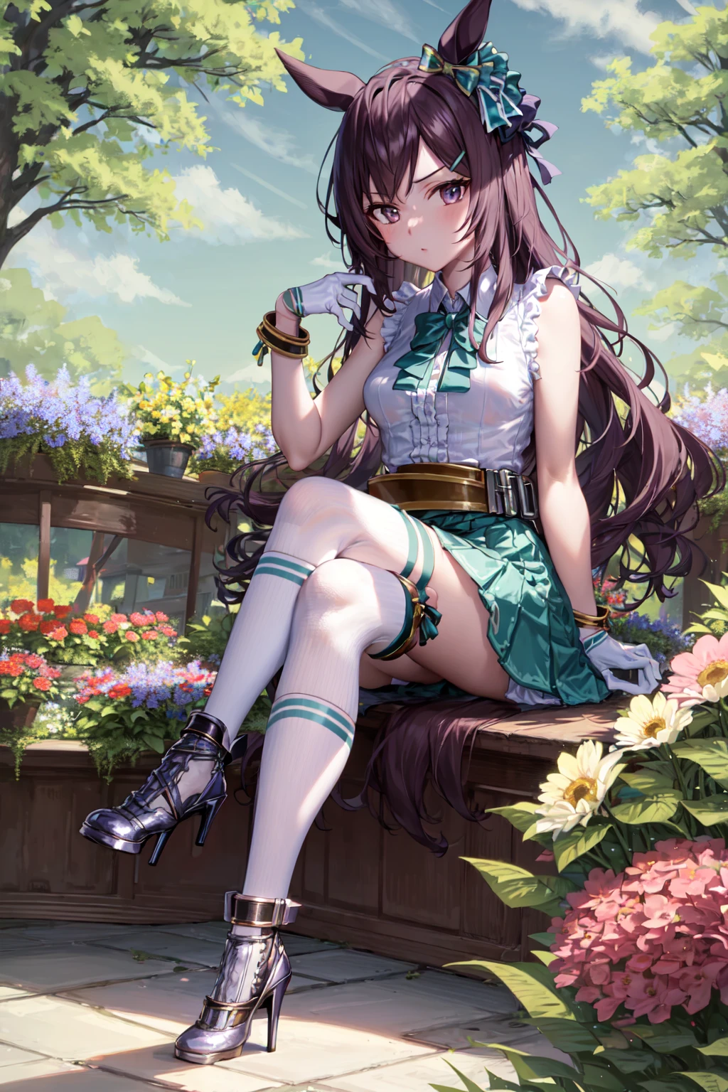 masterpiece, best quality,
mejiro dober \(umamusume\),
sitting, crossed legs, flowers, flowers fields,
white gloves, sleeveless shirt, white shirt, center frills, collared shirt, bare shoulders, belt, pleated skirt, green skirt, thigh strap, kneehighs, white socks, high heels
<lora:mejiro_dober_lora:0.8>