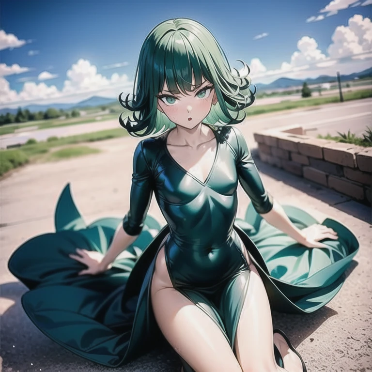 Natural Volumetric Lighting And Best Shadows, Deep Depth Of Field, Sharp Focus,1girl, solo, Terrible_Tornado,looking_at_viewer, blush, short_hair, bangs, green_hair, green_eyes,detailed eyes, collarbone, thighs, small_breasts, outdoors, parted_lips, green_hair, float, cloud, dark green dress, cloudy_sky, pelvic_curtain, side_slit, curly_hair, flipped_hair,<lora:TORNADO2:1.2>