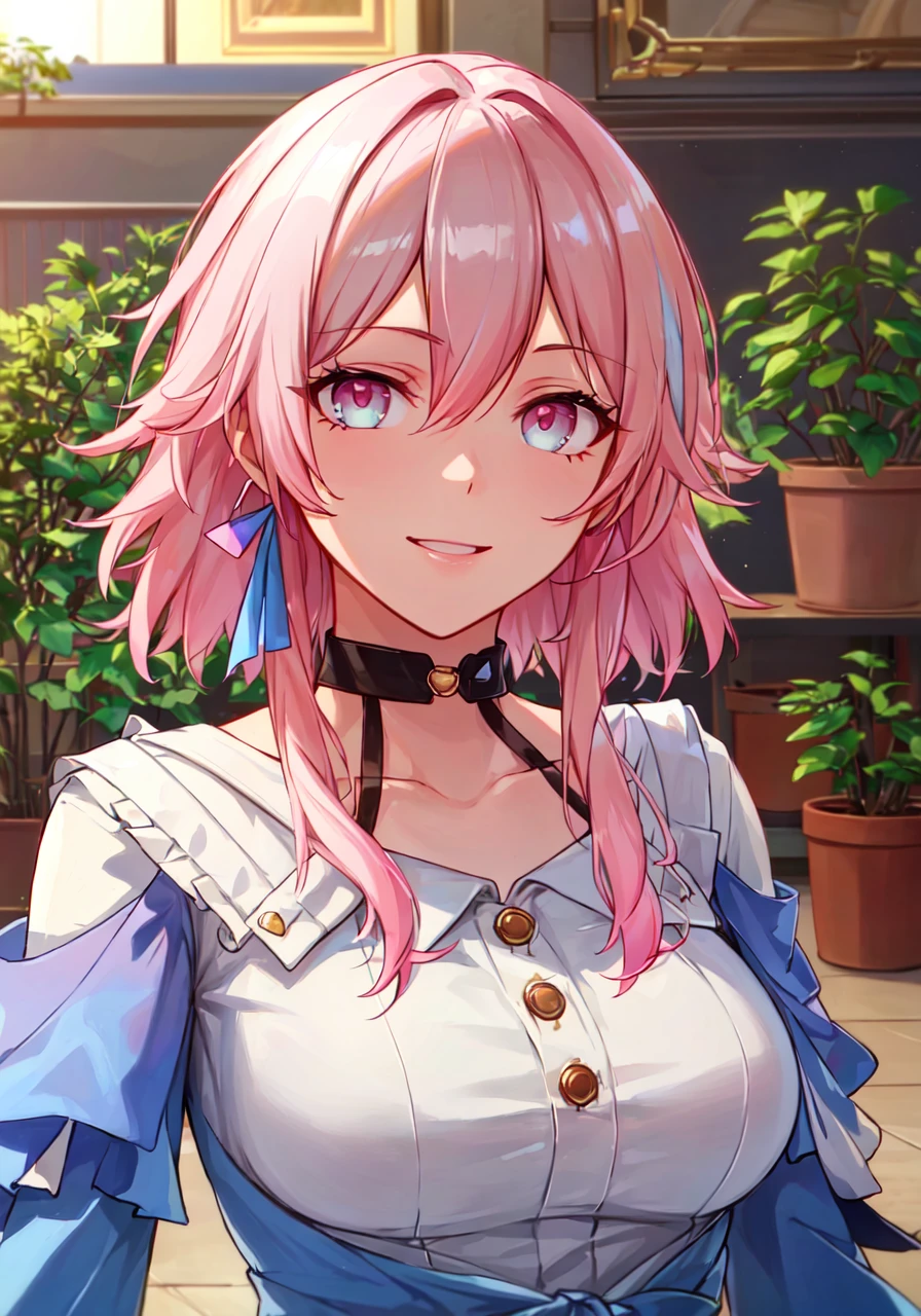((masterpiece)), breasts, looking_at_viewer, short hair, (multicolored_eyes:1.5), (pink hair:1.8), bangs, blue_eyes, ((light_smile)), (long locks:1.4), (ribbon earrings),
masterpiece, best quality, high quality, absurdres, shiny skin, colorful, dynamic pose, stunning art, best quality, hyper detailed, dynamic angle, beatlful detailed, reflective hair, good lighting, ray tracing, depth of field, ultra-detailed, illustration, Amazing, fine detail, extremely detailed, ((ultra-detailed)), (beautiful detailed girl), beautiful detailed glow, intricate detail, highres, an extremely delicate and beautiful, beautiful detailed eyes, realistic, hdr, rounded eyes, detailed facial features,
(illustration), (beautiful detailed eyes), ((very detailed face)), depth_of_field, eyebrows_visible_through_hair, frills, looking_at_viewer, (upper body:1.4),
clothes reflecting light, (light diffraction on skin: 1.35), (glossy skin: 1.55), (Iridescence Effect: 1.55),
collarbone, white_shirt, long_sleeves, choker, flower, camera,
(indoor, potted plant:1.5),
critical angle