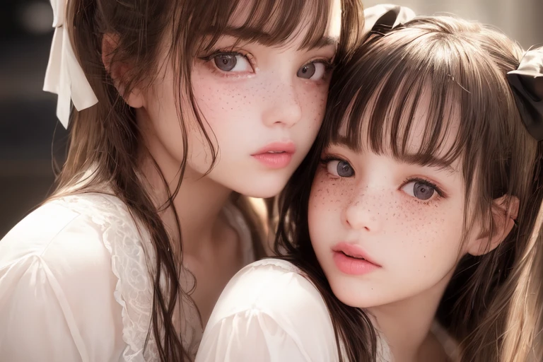 2girls,masterpiece, (photorealistic:1.4), best quality, beautiful lighting, cinema lights, film grain, blurry, indoors, bangs, lips, cheek-to-cheek, freckles, ribbon, bow, twintails, multiple girls, looking at viewer, depth of field, blurry background, heads together, closed mouth, hair ribbon, upper body, parted lips, nsfw,