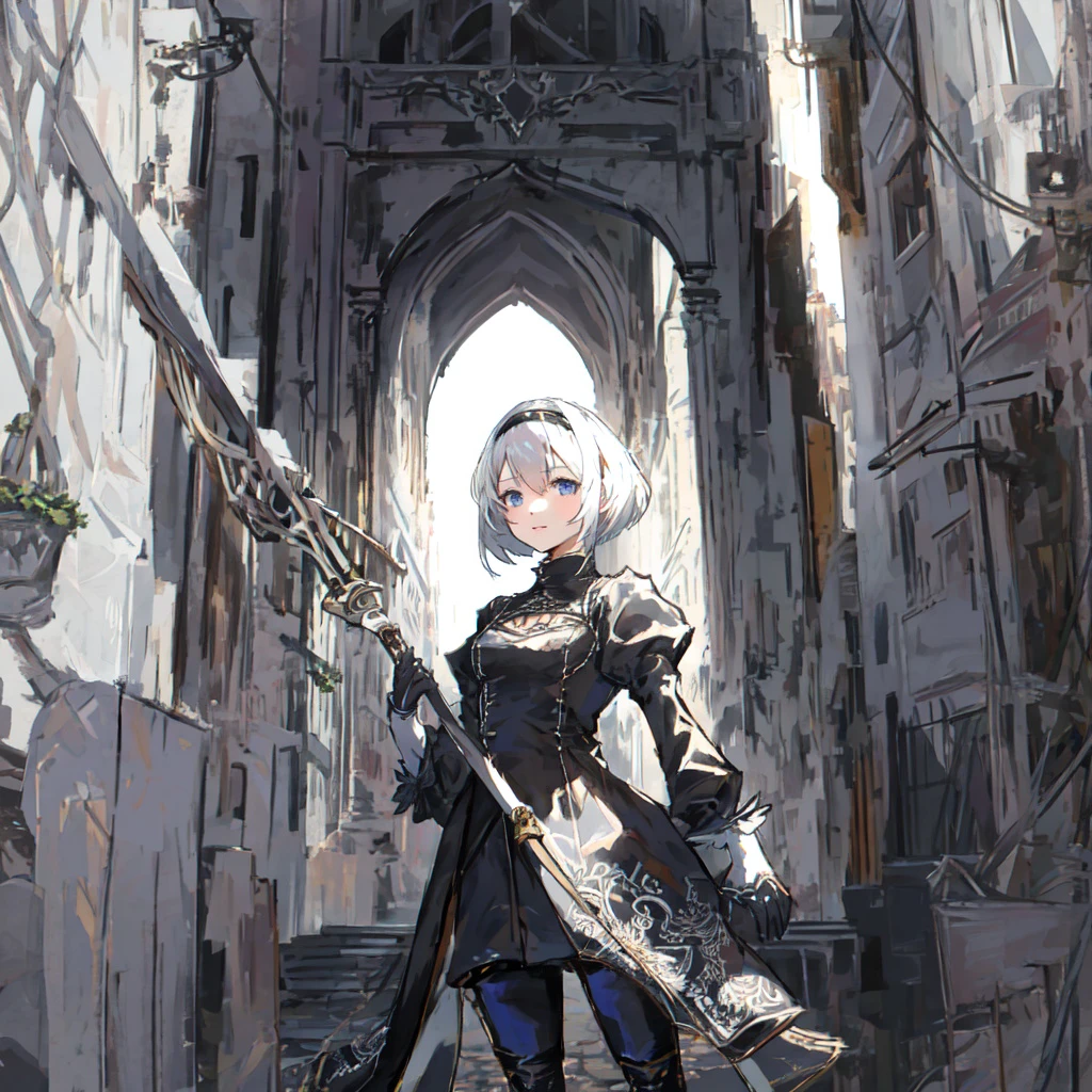 yorha no. 2 type b,solo,1girl,portrait,isometric,first_person_view,cowboy_shot,character_focus,solo,looking_at_viewer.