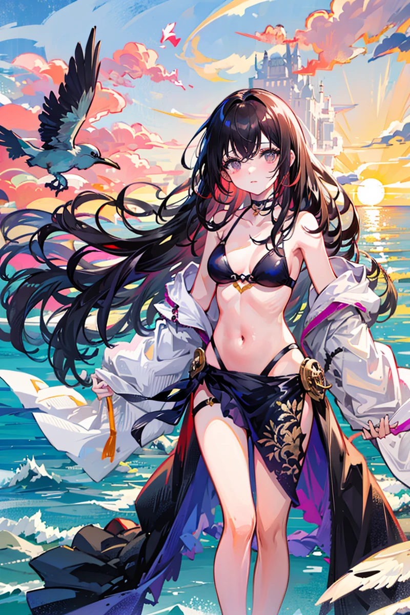 masterpiece,1girl,solo, standing,ocean,sarong,navel,long hair,seaside,bird