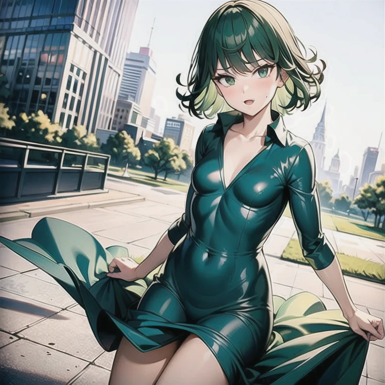 Natural Volumetric Lighting And Best Shadows, Deep Depth Of Field, Sharp Focus,1girl, solo, Terrible_Tornado,looking_at_viewer, blush, short_hair, bangs, green_hair, green_eyes,detailed eyes, collarbone, thighs, small_breasts, outdoors, parted_lips, green_hair, float, cloud, dark green dress, cloudy_sky, pelvic_curtain, side_slit, curly_hair, flipped_hair,floating gravel, <lora:TORNADO:1>