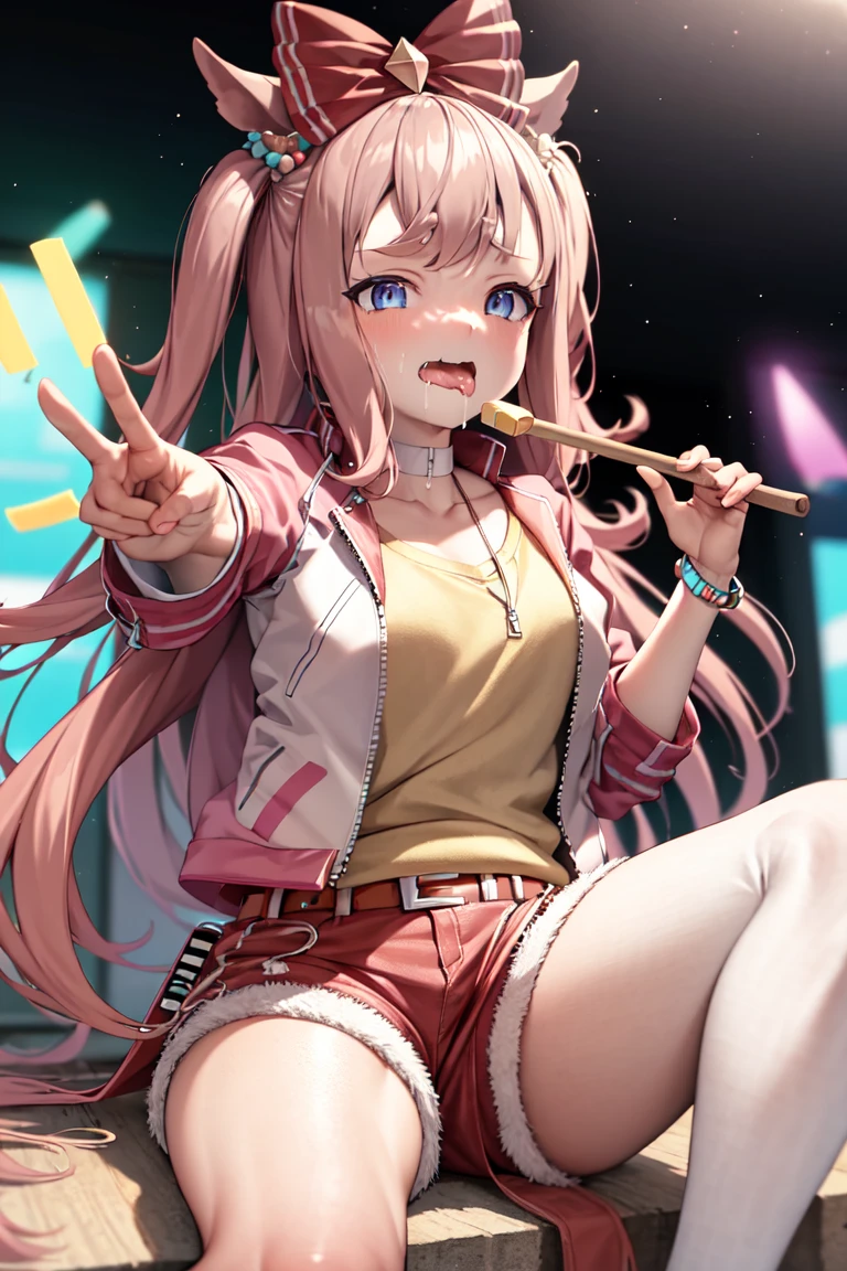 masterpiece, best quality,
agnes digital \(umamusume\),
collarbone, casual, belt, jacket, shorts, holding, glowing sticks, drooling, saliva, concert, sitting, reaching out, id card,
<lora:agnes_digital_r4_lora:1.0>