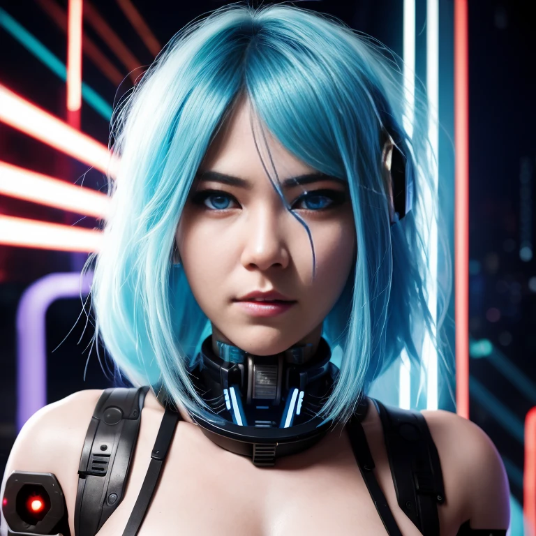 snthwve style, (bldrnrst:1.1), sfw, RAW photo, a cyborg woman with cyan colored hair, perfect face, complex background, wires and circuity, burnt fuse, (by Ivan Lopez), cybernetic, (neon light:0.3), cyberpunk art, computer art, akira cgi movie stills, 35mm film scan, 8mm film grain, 8k