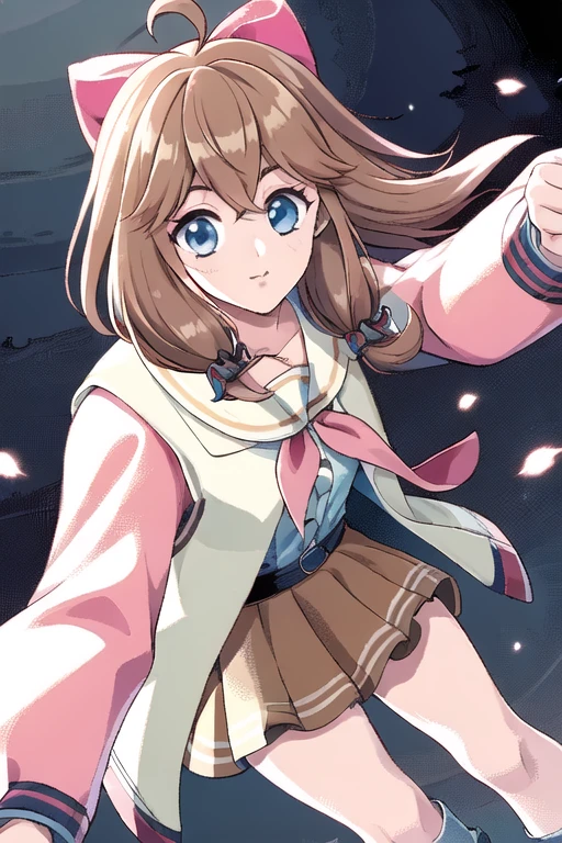 masterpiece, best quality, 1girl, solo, <lora:jiaran:1>, jiaran, (official dress:1.5), pink hair bow, brown hair, jacket, neckerchief, dynamic pose, dynamic angle, floating hair,
<lora:elf-pc-98:1>