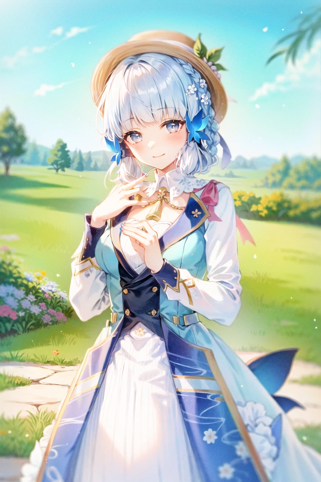 (Realistic painting style:1.1), (faux traditional media:1.0), masterpiece, best quality, bokeh, depth of field, looking to the side, kamisato ayaka (springbloom missive), kamisato ayaka, official alternate hairstyle, official alternate costume, blunt bangs, butterfly hair ornament, hair flower, blue dress, 1girl, butterfly, grey eyes, flower, hair ornament, light blue hair, outdoors, solo, hat, sky, blue nails, cloud, bangs, long sleeves, holding, looking at viewer, blue butterfly, blurry, braid, dress, day, blurry foreground, blue sky, breasts, medium breasts, cloudy sky, blush, index finger raised, blue flower, smile, closed mouth, finger to mouth