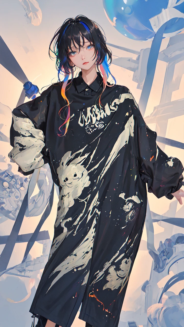(masterpiece), (best quality), (ultra detailed),(disheveled hair),(illustration),(dynamic angle), (1girl), (Fashionable clothing), standing,Fashion model,looking at viewer, (interview), (simple background),,beautifuldetailedeyes,delicate beautiful face,Floating,(high saturation),(colorful splashes),colorful bubble,(shining),(realistic:1.2)
