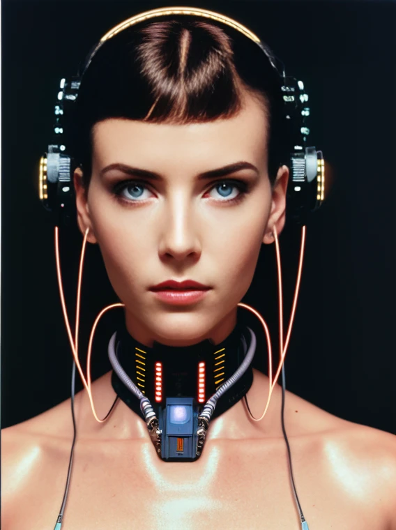 (bldrnrst:1.1), sfw, RAW photo, of a cyborg woman with perfect face, complex background, wires and circuity, mechanical perfection, ((by Juan Civera)), cyber implants, blade runner movie stills, 35mm film scan, 8mm film grain, 8k