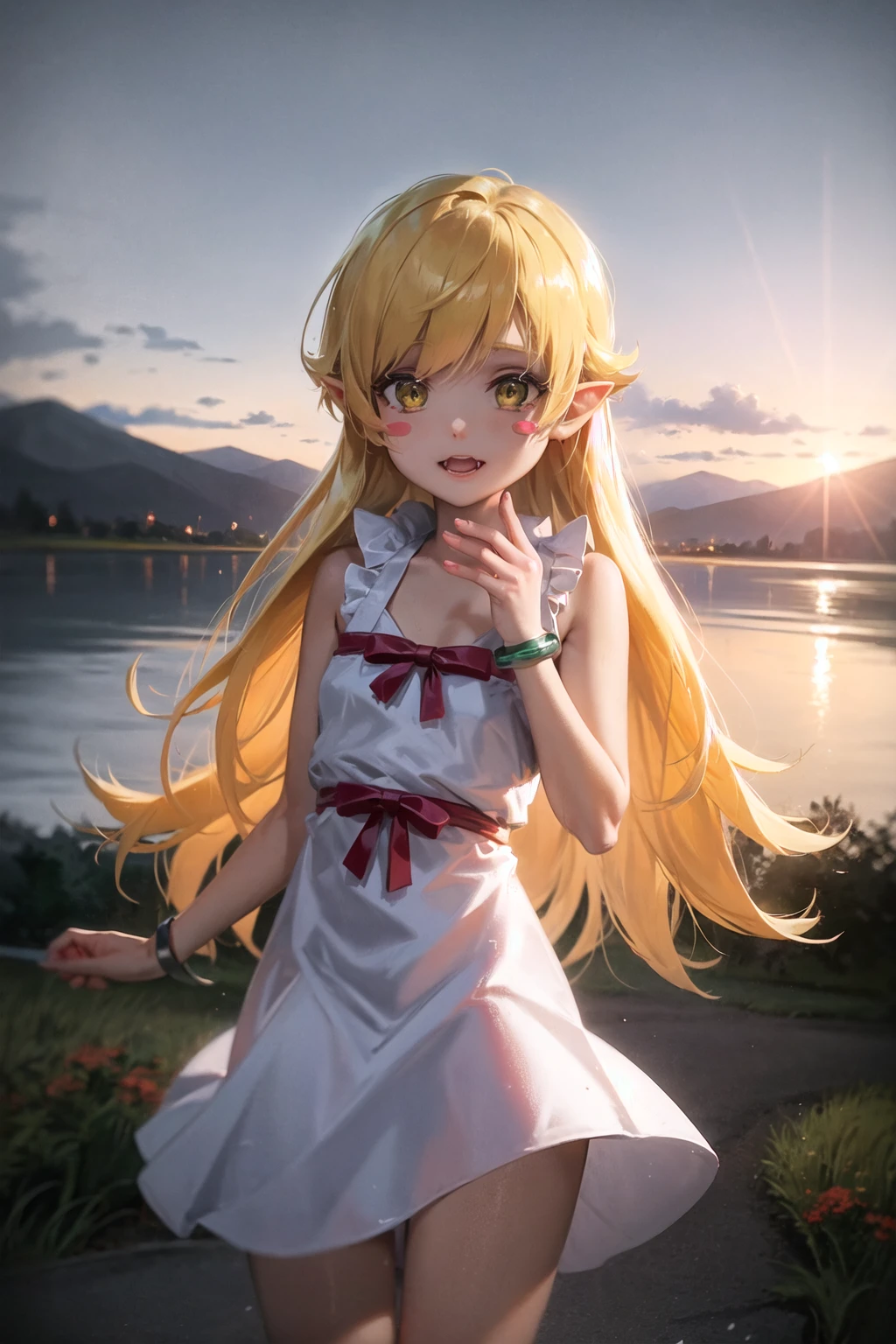 1girl, solo, female, (oshino_shinobu),<lora:loraOshinoShinobu-v1:0.6>, (blonde) (blonde_hair), (yellow_hair), ((long_hair)), ((bangs)), (yellow_eyes), blush, cute, innocent face, pointy_ears, (blush_stickers), flat_chest,
dress, bow, bracelet, fangs, portrait
global illumination, hdri, subsurface scattering, masterpiece, 4k, raytrace, beautiful, sharp, smooth skin, bloom, anime
sunset, nature, mountains, clouds, grass, flowers, fireflies, lake