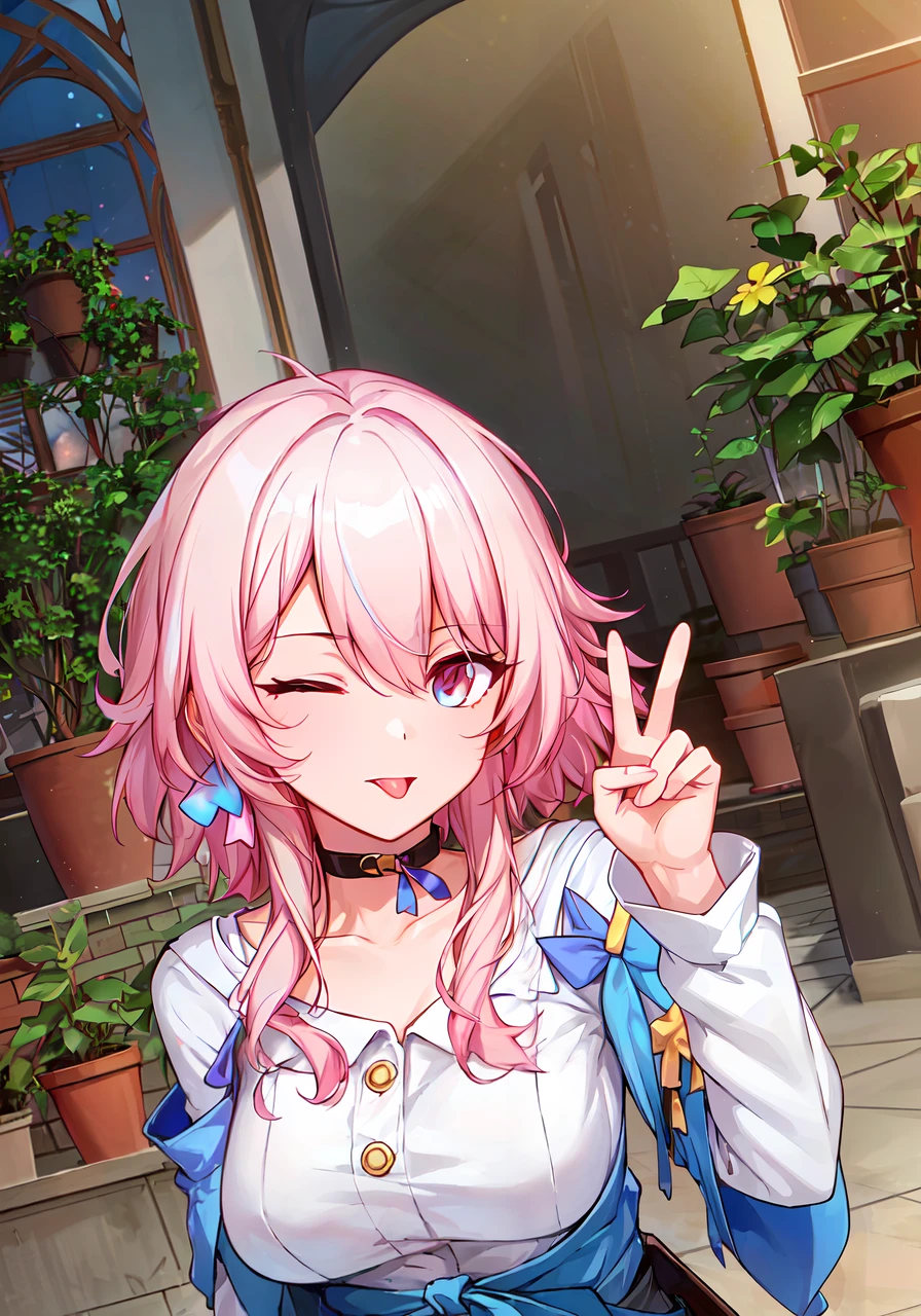 ((masterpiece)), breasts, looking_at_viewer, short hair, (multicolored_eyes:1.5), (pink hair:1.8), bangs, blue_eyes, ((tounge_out, :p, one eye closed, peace sign)), (long locks:1.4), (ribbon earrings),
masterpiece, best quality, high quality, absurdres, shiny skin, colorful, dynamic pose, stunning art, best quality, hyper detailed, dynamic angle, beatlful detailed, reflective hair, good lighting, ray tracing, depth of field, ultra-detailed, illustration, Amazing, fine detail, extremely detailed, ((ultra-detailed)), (beautiful detailed girl), beautiful detailed glow, intricate detail, highres, an extremely delicate and beautiful, beautiful detailed eyes, realistic, hdr, rounded eyes, detailed facial features,
(illustration), (beautiful detailed eyes), ((very detailed face)), depth_of_field, eyebrows_visible_through_hair, looking_at_viewer, (upper body:1.4),
clothes reflecting light, (light diffraction on skin: 1.35), (glossy skin: 1.55), (Iridescence Effect: 1.55),
collarbone, white_shirt, long_sleeves, choker, flower, blue camera, blue_skirt, blue_flower,
(indoor, potted plant:1.5),
critical angle