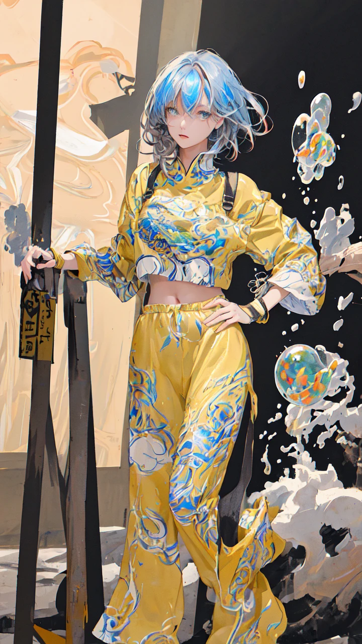 (masterpiece), (best quality), (ultra detailed),(disheveled hair),(illustration),(dynamic angle), (1girl), (Fashionable clothing), standing,Fashion model,looking at viewer, (interview), (simple background),,beautifuldetailedeyes,delicate beautiful face,Floating,(high saturation),(colorful splashes),colorful bubble,(shining),(realistic:1.2)