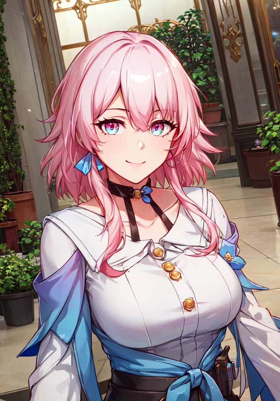 ((masterpiece)), breasts, looking_at_viewer, short hair, (multicolored_eyes:1.5), (pink hair:1.8), bangs, blue_eyes, ((light_smile)), (long locks:1.4), (ribbon earrings),

masterpiece, best quality, high quality, absurdres, shiny skin, colorful, dynamic pose, stunning art, best quality, hyper detailed, dynamic angle, beatlful detailed, reflective hair, good lighting, ray tracing, depth of field, ultra-detailed, illustration, Amazing, fine detail, extremely detailed, ((ultra-detailed)), (beautiful detailed girl), beautiful detailed glow, intricate detail, highres, an extremely delicate and beautiful, beautiful detailed eyes, realistic, hdr, rounded eyes, detailed facial features,

(illustration), (beautiful detailed eyes), ((very detailed face)), depth_of_field, eyebrows_visible_through_hair, frills, looking_at_viewer, (upper body:1.4),

clothes reflecting light, (light diffraction on skin: 1.35), (glossy skin: 1.55), (Iridescence Effect: 1.55),
 
collarbone, white_shirt, long_sleeves, choker, flower, camera,

(indoor, potted plant:1.5),

critical angle