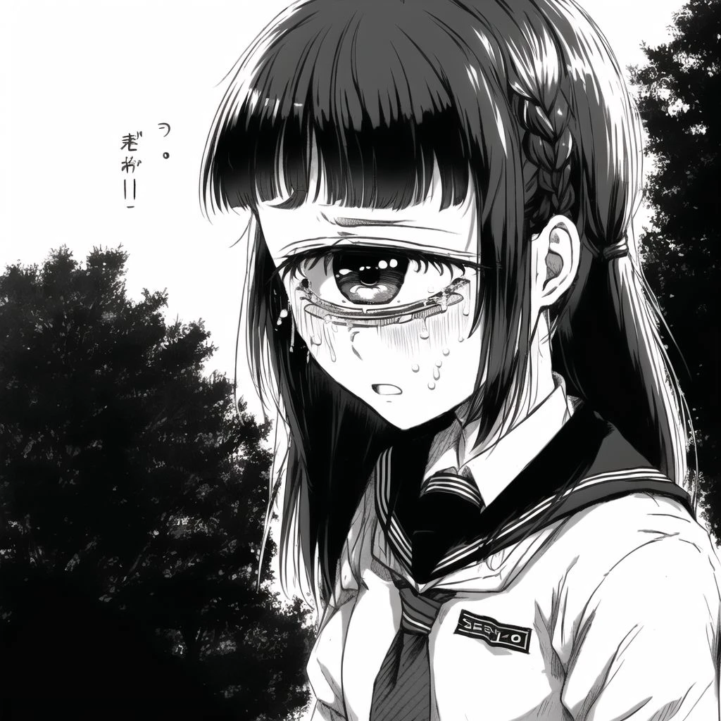 <lora:cyclops_retro_ham_avas_jun_rifl-08-02:1>,
cyclop,
1girl, alternate costume, bangs, blunt bangs, braid, comic, crying, crying with eyes open, monochrome, school uniform, serafuku, solo, tears