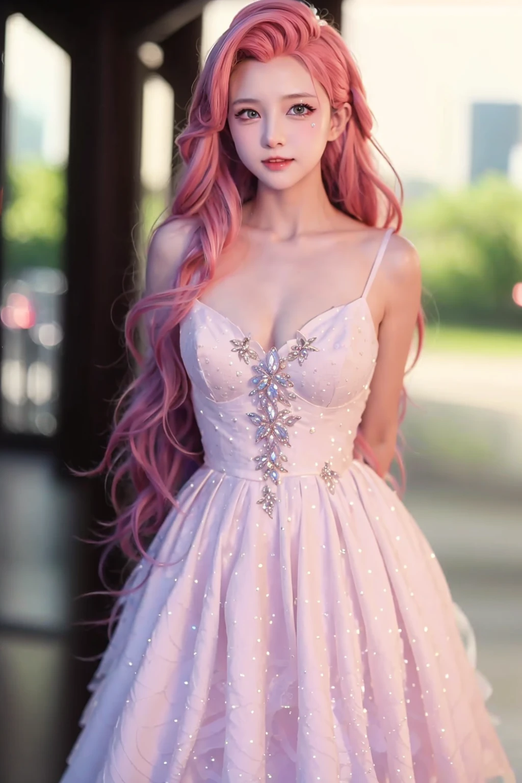 (((wedding_dress))),<lora:seraphineee:0.8>,ulzzang-6500-v1.1,(raw photo:1.2),((photorealistic:1.4))best quality ,masterpiece, illustration, an extremely delicate and beautiful, extremely detailed ,CG ,unity ,8k wallpaper, Amazing, finely detail, masterpiece,best quality,official art,extremely detailed CG unity 8k wallpaper,absurdres, incredibly absurdres, huge filesize, ultra-detailed, highres, extremely detailed, extremely detailed eyes and face, beautiful detailed eyes,light on face,cinematic lighting,1girl,full body,full-body shot,see-through,looking at viewer,outdoors,(arms behind back)
