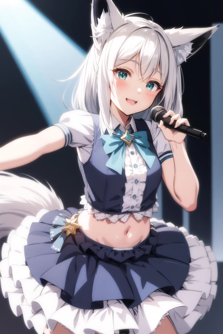 masterpiece, best quality, absurdres, perfect anatomy, cowboy shot, realistic lighting, 8k,
, Shirakami fubuki, 1girl, solo, fox ears, fox girl, white hair, aqua eyes, smile, parted lips,
idol, idol clothes, hololive idol uniform, bowtie, blue skirt, brooch, dress, concert, on stage, frilled skirt, jewelry, layered dress, short sleeves, ((midriff)), thighhighs, microphone, holding microphone, stage lights