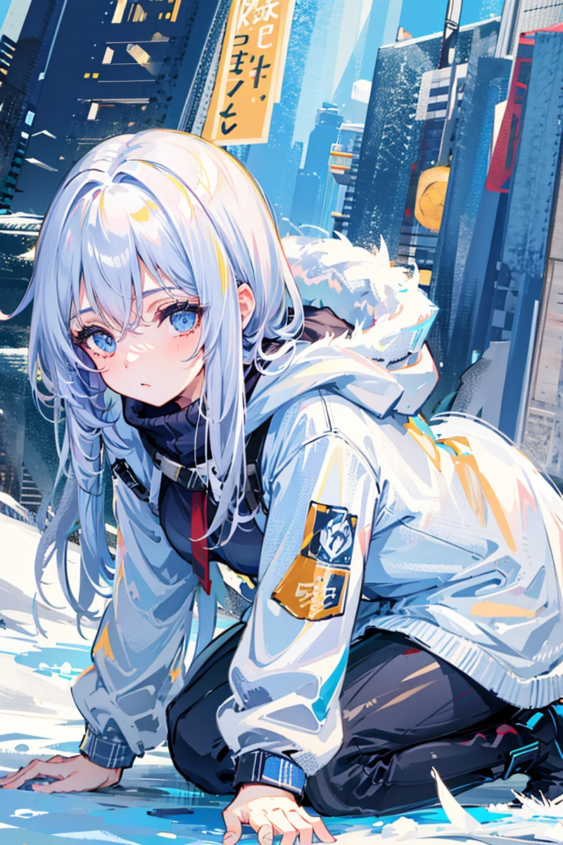 masterpiece,1girl,solo, winter clothes, snowing, all_fours