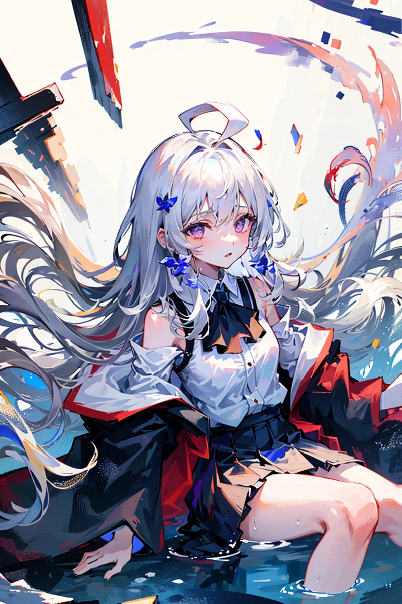 masterpiece,1girl,solo,depthoffield,(white hair),grey hair,purple eyes,long hair,(loose long hair),(ahoge),((white shirt under black robe)),(white Collared shirt),medium frilled skirt,((royal blue skirt with white edge}))twist braid,((bare shoulders)),floating red flowers falling,ruins,intense shadows,wet,