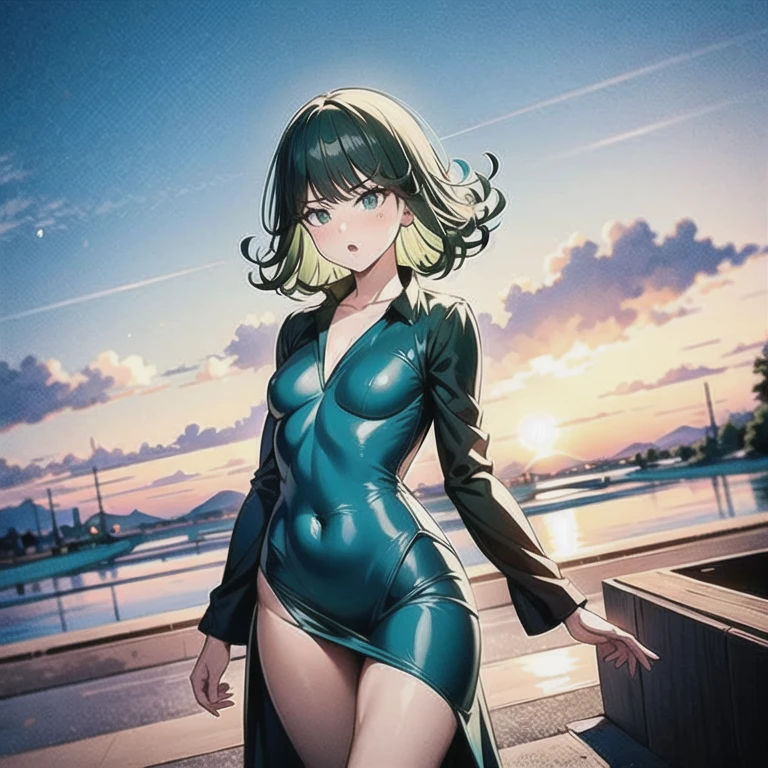 Natural Volumetric Lighting And Best Shadows, Deep Depth Of Field, Sharp Focus,1girl, solo, Terrible_Tornado,looking_at_viewer, blush, short_hair, bangs, green_hair, green_eyes,detailed eyes, collarbone, thighs, small_breasts, outdoors, parted_lips, green_hair, float, cloud, dark green dress, cloudy_sky, pelvic_curtain, side_slit, curly_hair, flipped_hair,<lora:TORNADO:1.2>